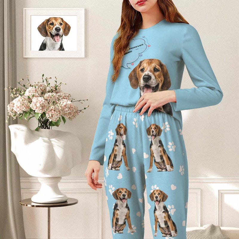 Custom Pet Photo Pajamas, Personalized Dog & Cat Lover Pajama, Round Neck Pajama Gift for Women, Custom Name Sleepwear
