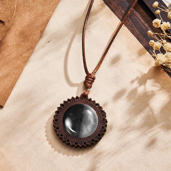 Personalized Moon Phase Necklace With Engraved Name, Custom Wood