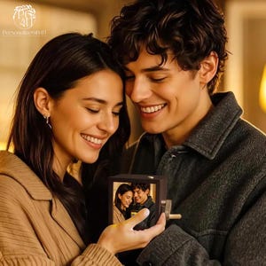 Custom Flipbook Photo Box with Light: Wooden Hand-Crank Album, Personalized Memory Gift for Couples