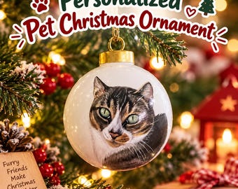 Personalized Pet Christmas Ornament, Watercolor Dog Cat Portrait, Name Year Bauble