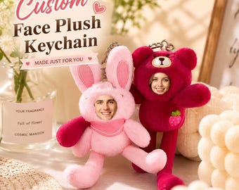 Custom Face Plush Keychain, Personalized Photo Doll Bag Charm, Bunny Bear Keyring