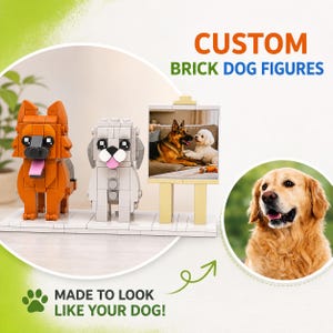 May include: Custom brick dog figures in orange and gray, with a small framed picture of two dogs on an easel. The image also includes a photo of a golden retriever and text that reads "MADE TO LOOK LIKE YOUR DOG!"