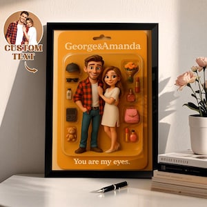 Könnte beinhalten: Gerahmter Druck mit Cartoon-Paar, den Namen "George & Amanda" und dem Satz "You are my eyes". Der Druck enthält Cartoon-Zubehör: einen Hut, eine Sonnenbrille, Parfüm und eine Handtasche. Ein kleineres Bild eines Paares befindet sich in der oberen linken Ecke.