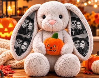 Custom Halloween Photo Bunny, Hidden Ear Picture Rabbit, Pumpkin Memory Plush