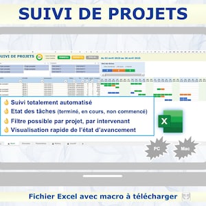 Peut inclure: Un écran d'ordinateur portable affichant une feuille de calcul avec un schéma de couleurs vert et orange. La feuille de calcul est intitulée "SUIVI DE PROJETS" et affiche un tableau de bord de gestion de projet avec une vue de calendrier. Le texte à l'écran indique "Suivi totalement automatisé", "Etat des tâches (terminé, en cours, non commencé)", "Filtre possible par projet, par intervenant", et "Visualisation rapide de l'état d'avancement". Le bas de l'écran indique "Fichier Excel avec macro à télécharger".