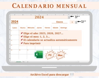 Calendario mensual / Calendario mensual 2024 / Calendario para imprimir / Calendario perpetuo / Calendario Excel