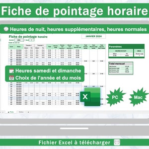 May include: A laptop screen displaying a French-language Excel timesheet template for January 2024. The template includes sections for night hours, overtime, and regular hours, with options for PC and Mac. Text includes "Hours Saturday and Sunday" and "Choose the year and month."