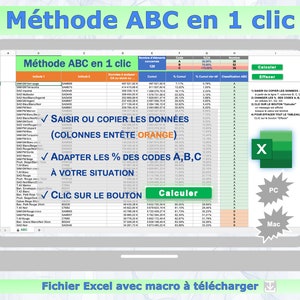 Può includere: Uno schermo di laptop che mostra un foglio di calcolo con il titolo "Méthode ABC en 1 clic". Il foglio di calcolo ha colonne per "Intitulé 1", "Intitulé 2", "CA en K€", "% Control", "% Cumul Control", "% Cumul sur CA", "Classification ABC" e "Code". Il foglio di calcolo ha anche un pulsante etichettato come "Calculer" e un pulsante etichettato come "Effacer".