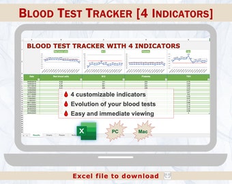 Rastreador de análisis de sangre 4 indicadores / Monitoreo de análisis de sangre / Evolución de análisis de sangre / Rastreador de resultados de análisis de sangre / Seguimiento de análisis de sangre