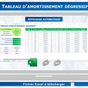 Puede incluir: Una captura de pantalla de una hoja de cálculo que muestra un cronograma de depreciación decreciente para un activo empresarial. La hoja de cálculo se titula "Tableau d'Amortissement Dégressif" e incluye columnas para el período, el año, el monto base, la tasa impositiva, la tasa de depreciación, el monto, el monto acumulado y el valor neto. La hoja de cálculo se muestra en la pantalla de una computadora portátil.