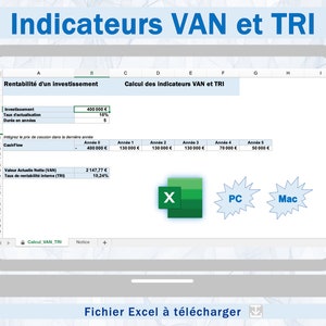 May include: A laptop screen displaying a spreadsheet with the title "Indicateurs VAN et TRI" and a section titled "Rentabilité d'un investissement". The spreadsheet shows calculations for net present value (VAN) and internal rate of return (TRI).