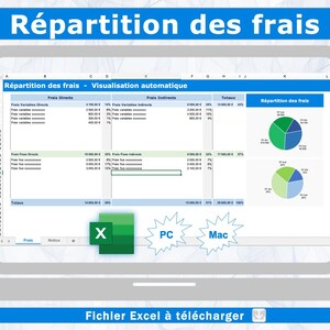 Puede incluir: Una captura de pantalla de una hoja de cálculo que muestra un desglose de los costes, con gráficos circulares que visualizan los datos. La hoja de cálculo se titula "Répartition des frais - Visualisation automatique" e incluye categorías como "Frais Directs" y "Frais Indirects". La hoja de cálculo está abierta en un ordenador portátil con un botón "X" verde, un botón "PC" azul y un botón "Mac" azul. El texto "Fichier Excel à télécharger" está en la parte inferior de la imagen.