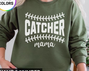 Two-Sided Baseball Catcher Mom Sweatshirt Personalized With Name and Number on Back, Custom Catcher Mama Sweater, Hindcatcher Mom Gift