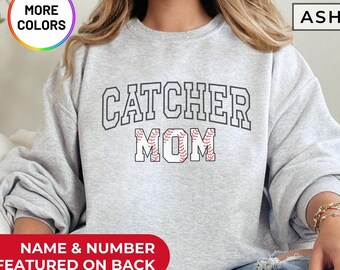 Personalized Baseball Catcher Mom Sweatshirt With Name and Number on Back, Two-Sided Custom Catcher Mama Sweater, Hindcatcher Mom Gift