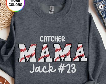 Personalized Baseball Catcher Mama Sweatshirt, Custom Mom Catcher Sweater for Game Day, Gift for Catcher Mom, Cute Catcher Mom Crewneck