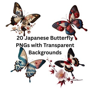20 Elegant Japanese Butterfly PNGs, Aesthetic PNGs for Journals, Minimalist Transparent Clipart, Digital Art Prints, Instant Download