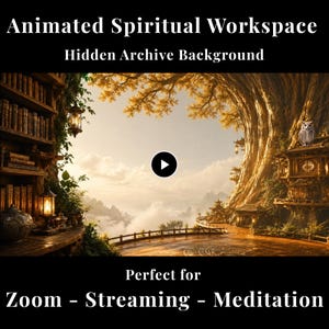 May include: An animated digital background titled Animated Spiritual Workspace Hidden Archive Background featuring a library with bookshelves, a glowing lantern, a large tree, a small building, an owl, and a mountain landscape view.