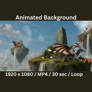 Può includere: Sfondo animato con un paesaggio fantasy con draghi, cascate e isole fluttuanti. L'immagine include il testo "Animated Background" e le specifiche tecniche: 1920 x 1080 / MP4 / 30 sec / Loop.