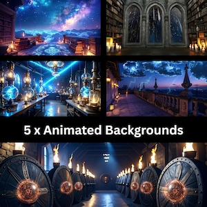 Peut inclure: Cinq arrière-plans animés présentant une variété de scènes fantastiques et magiques. Les arrière-plans comprennent un ciel nocturne étoilé avec un cercle lumineux, une bibliothèque avec une fenêtre donnant sur un ciel orageux, un laboratoire avec des béchers lumineux, un balcon donnant sur une ville de nuit et un couloir avec des orbes lumineux.