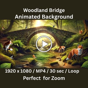Könnte beinhalten: Ein animierter Hintergrund mit einer Steinbrücke in einer Waldlandschaft. Das Bild zeigt einen Bach, Bäume und Wildtiere wie Füchse, Vögel und Hirsche. Das Video hat eine Auflösung von 1920 x 1080, MP4-Format, 30 Sekunden lang und ist in einer Schleife. Der Text auf dem Bild lautet "Woodland Bridge Animated Background."
