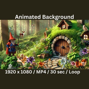 Può includere: Uno sfondo animato della foresta con uno gnomo, un cervo e una volpe. La scena comprende una casa a fungo, fiori e uccelli. Il testo "Animated Background" e le specifiche tecniche sono visualizzate.