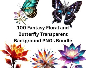 Puede incluir: Paquete de arte digital con mariposas y flores coloridas. La imagen incluye una mariposa turquesa y negra, una mariposa morada oscura y varias flores de fantasía en rojo, naranja y morado. El texto dice "100 Fantasy Floral and Butterfly Transparent Background PNGs Bundle."