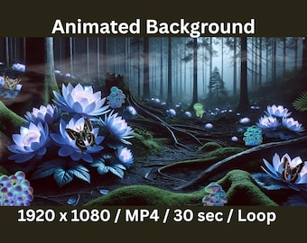 Arrière-plan animé de forêt rougeoyante enchantée, forêt fantastique de nuit, champignons magiques, fleurs lumineuses, boucle de papillon