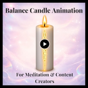 Può includere: Una candela bianca con una fiamma che brucia, la parola "BALANCE" è visualizzata verticalmente sulla candela. L'immagine include il testo "Balance Candle Animation" e "For Meditation & Content Creators". Lo sfondo è una morbida sfumatura rosa e viola.