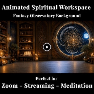 May include: An animated digital background featuring a library with wooden shelves filled with books, candles, and a large circular window displaying a night sky with a glowing moon and a golden mandala design, labeled Animated Spiritual Workspace.