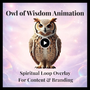 May include: An animated owl with orange eyes and brown and beige feathers, set against a soft pink and purple background. The text reads "Owl of Wisdom Animation" and "Spiritual Loop Overlay For Content & Branding."