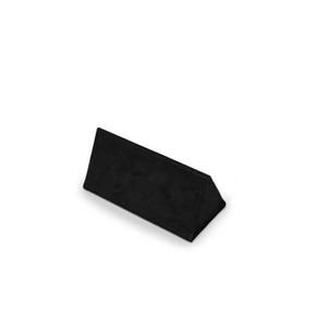 May include: Black triangular display stand made of a textured material. The stand is ideal for displaying small items, such as jewelry or other small objects.