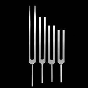 May include: Five silver tuning forks of different sizes arranged in a descending order from left to right.