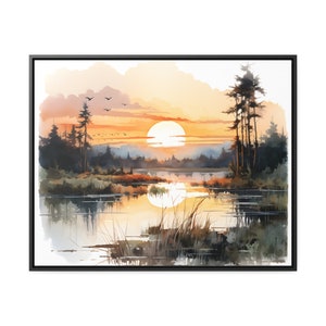 WATERCOLOR AQUARELLE HAND PAINTED WATER LILY POND FISHERMAN BOAT SUNRISE