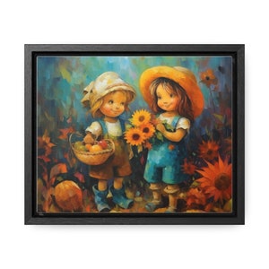 Vintage Framed French Childrens Canvas Art Print, Children Art Print, Art Deco, Boho, Painting of Farming, Art Print