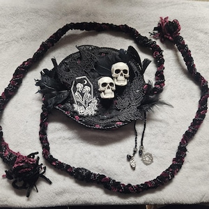 Handfasting Cord Gothic Black & Maroon 2 Skulls Skeleton Lovers Patch Lace Bat Faux Feathers Heart Handmade One of a Kind Wiccan Wedding