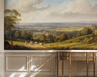 English Countryside Landscape Mural: Tree Rolling Hills & Cloudy Sky Scenic Peel and Stick Wallpaper
