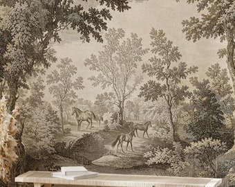 Vintage Forest Wallpaper Mural: Scenic Horses & Trees, Peel and Stick