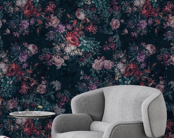 Dark Moody Floral Wallpaper: Custom Peel and Stick Flower Wall Mural