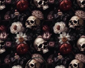 Dark Floral Skull Wallpaper, Dark Botanical Wallpaper, Gothic Flower Wall Mural, Peel and Stick Peony Wallpaper, Peony Floral Wallpaper