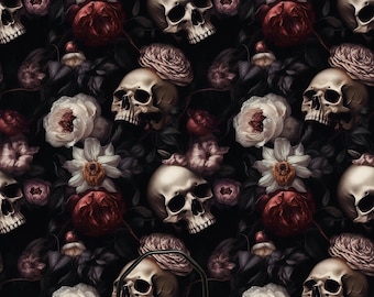Puede incluir: Una mesa auxiliar negra con dos tazas blancas en una bandeja negra. La mesa está delante de un papel tapiz floral oscuro con calaveras y flores. Dos pufs negros y marrones están en el suelo.
