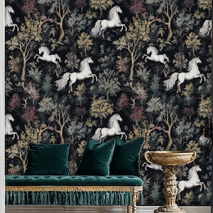 Majestic Horse Wallpaper: Dark Botanical Peel and Stick Mural
