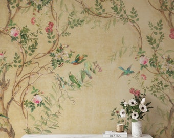 Yellow Backround Chinoiserie Wallpaper Peel and Stick, Chinoiserie on Trees Wallpaper, Peacock Wall Mural, Wallpaper With Birds and Flowers