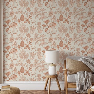 Mushroom Wallpaper, Orange Wallpaper, Mid Century Modern Wallpaper, Kids Wallpaper, Peel and Stick Wallpaper Mushroom, Vintage Wallpaper