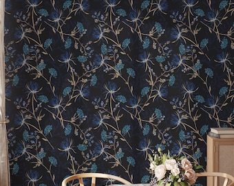 Dark Floral Wallpaper, Navy Blue Botanical Mural, Peel and Stick