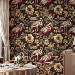 Vintage Floral Flamingo Wallpaper: Tropical Peel and Stick Wall Mural
