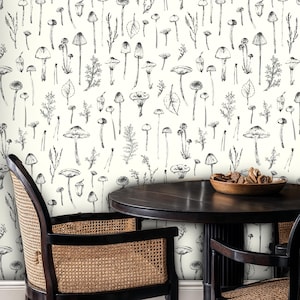 Mushroom Wallpaper, Vintage Botanical Beige Mushroom Wall Mural, Woodland Wallpaper,  Peel and Stick Wallpaper, Botanical Wallpaper Mural