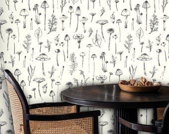 Vintage Mushroom Wallpaper Mural: Botanical Peel and Stick Wall Art