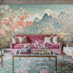 Cherry Blossom Mountain Wall Mural, Landscape Mountain Wallpaper, Tree Floral Wallpaper, Peel and Stick Scenic Wall Mural, Landscape Mural
