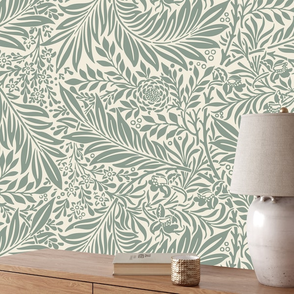 Self Adhesive Wallpaper, Fern Botanical Wallpaper, Green White Botanical Wallpaper, Botanical Wallpaper, Peel and Stick Wallpaper Vintage