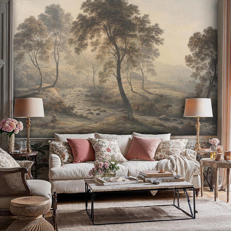 Rustic Countryside Landscape Mural: River Valley with Trees and Cows Peel and Stick Wallpaper Bild 7